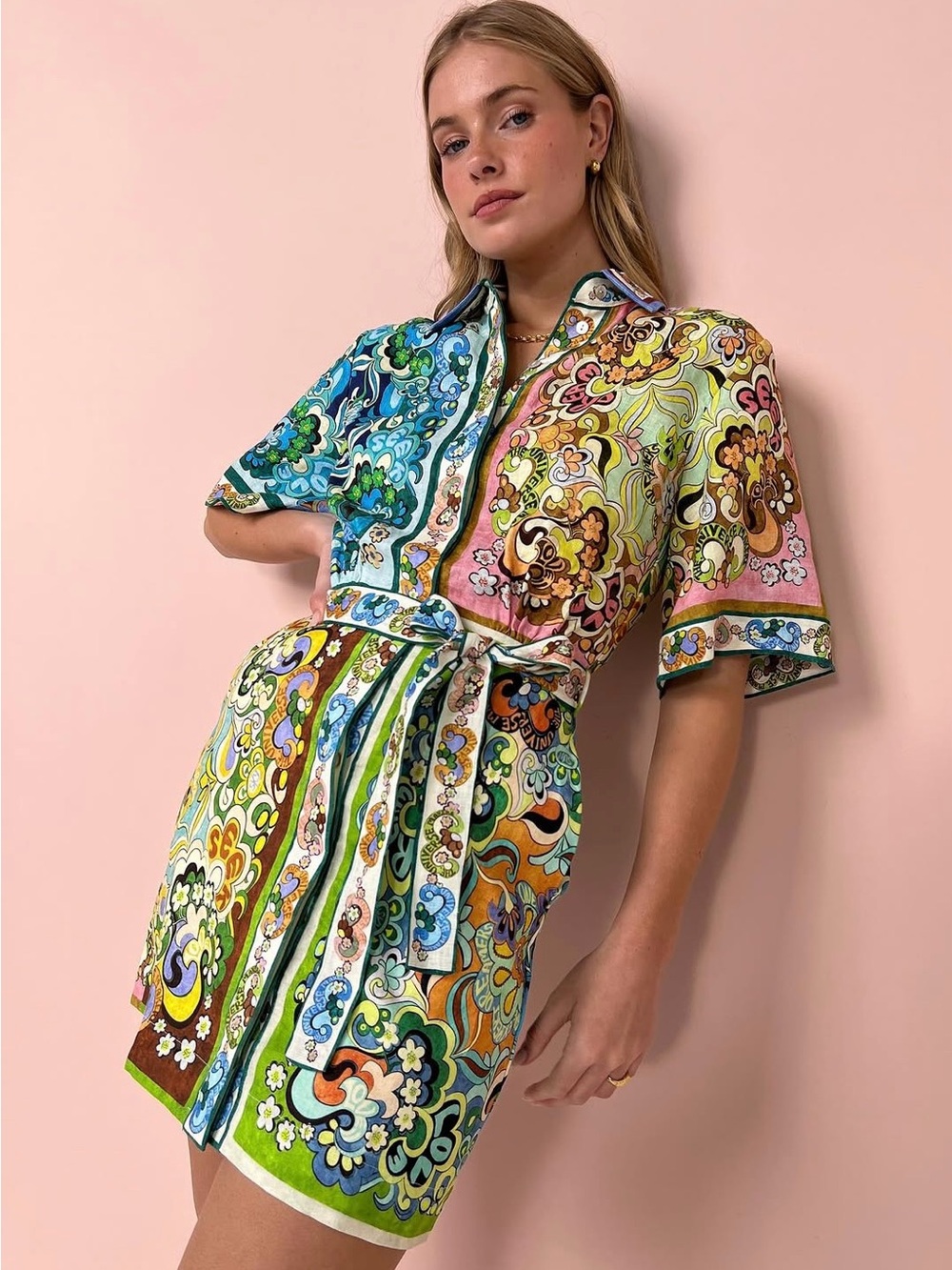 ALEMAIS Multicolor Floral linen Shirt Dress with tie waist, NWT, size 2